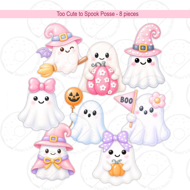 May include: Eight white ghost illustrations titled Too Cute to Spook Posse. The ghosts feature pink hats, bows, and polka dots, holding items like a floral pumpkin, a jack-o'-lantern balloon, a broom, and a pink flag with the text BOO.
