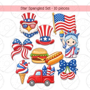 May include: A collection of patriotic illustrations, including an American flag, Uncle Sam's hat, an eagle wearing sunglasses, and a cartoon Statue of Liberty. Other images include a hamburger, hot dog, ice cream cone, and a red truck with fireworks. The text reads "Star Spangled Set - 10 pieces."