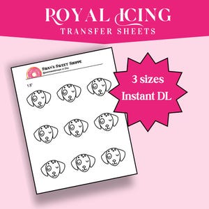 Könnte beinhalten: Ein druckbares Blatt mit 1,5 Zoll großen Umrissen von Hundefiguren für Royal-Icing-Transferblätter. Das Blatt enthält neun Hundefiguren in verschiedenen Posen. Der Text "3 Größen Sofort-Download" befindet sich auf einer rosa Sternform.