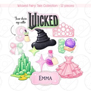 12 piece Wicked Fairy Tale Cookie Cutter Set | 12 Piece Birthday Set with Name Plaque, Age, Dress, Castle & Optional Guideline Stencil