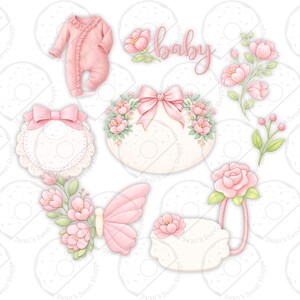 Puede incluir: Ilustraciones en acuarela con tem&aacute;tica de beb&eacute;. Incluye un body rosa, arreglos florales, una mariposa y un letrero con la palabra "baby". Paleta de colores rosa y verde suave con una est&eacute;tica delicada y femenina. Perfecto para invitaciones de baby shower y decoraci&oacute;n de guarder&iacute;a.