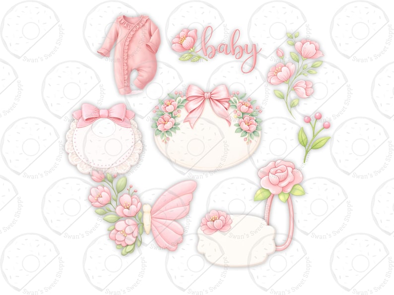 Puede incluir: Ilustraciones en acuarela con tem&aacute;tica de beb&eacute;. Incluye un body rosa, arreglos florales, una mariposa y un letrero con la palabra "baby". Paleta de colores rosa y verde suave con una est&eacute;tica delicada y femenina. Perfecto para invitaciones de baby shower y decoraci&oacute;n de guarder&iacute;a.