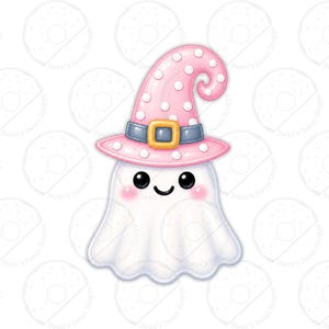May include: A cartoon ghost illustration featuring a white, semi-transparent body with black eyes and pink cheeks. The ghost wears a pink, polka-dotted witch hat with a dark blue band and a yellow buckle, creating a cheerful and simple graphic design.