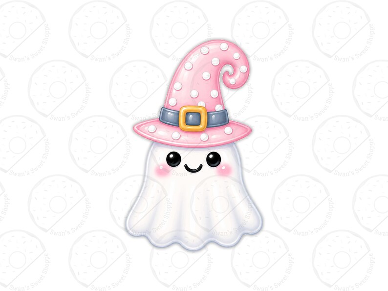 May include: A cartoon ghost illustration featuring a white, semi-transparent body with black eyes and pink cheeks. The ghost wears a pink, polka-dotted witch hat with a dark blue band and a yellow buckle, creating a cheerful and simple graphic design.
