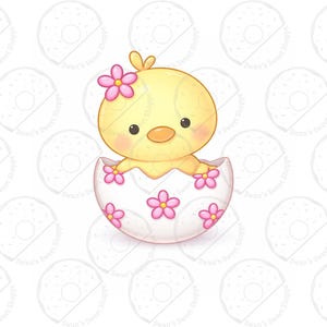 Puede incluir: Un lindo pollito de dibujos animados con una flor rosa en la cabeza y dentro de una c&aacute;scara de huevo agrietada decorada con flores rosas. El pollito es amarillo con un rubor color melocot&oacute;n.