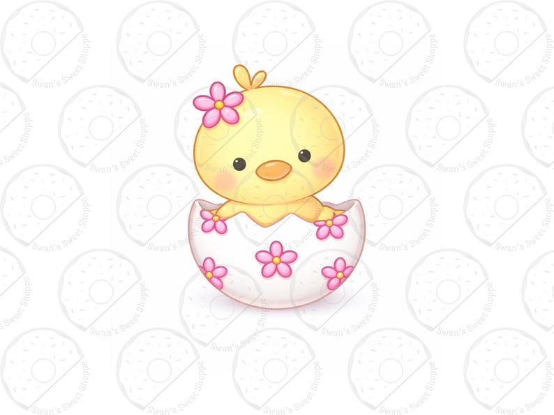 Puede incluir: Un lindo pollito de dibujos animados con una flor rosa en la cabeza y dentro de una c&aacute;scara de huevo agrietada decorada con flores rosas. El pollito es amarillo con un rubor color melocot&oacute;n.