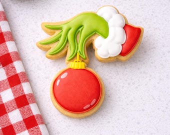 Grinch Holding Ornament Cookie Cutter & Optional Guideline Stencil | Holiday Baking Tools