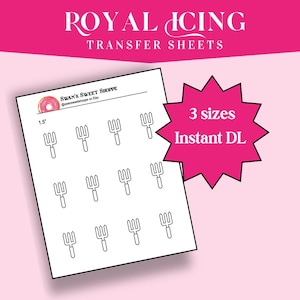 May include: A sheet of white transfer paper with black fork outlines for royal icing. The text "ROYAL ICING TRANSFER SHEETS" is at the top. A pink starburst graphic reads "3 sizes Instant DL". The paper is labeled "1.5" and "Swan's Sweet Shoppe @swansweetshoppe on Etsy".