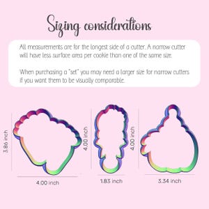 May include: Image showing three cookie cutter designs with measurements in inches. The text "Sizing considerations" is at the top. The cutters are a flower, a person, and a cupcake. The flower is 4.00 inches wide and 3.86 inches tall. The person is 1.83 inches wide and 4.00 inches tall. The cupcake is 3.34 inches wide and 4.00 inches tall.