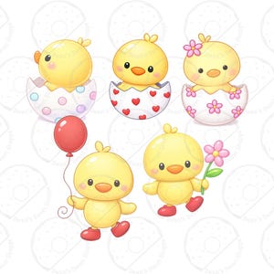 Puede incluir: Seis pollitos de dibujos animados en varias poses. Algunos est&aacute;n saliendo de huevos decorados con lunares, corazones y flores. Otros sostienen un globo rojo y una flor rosa. Los pollitos son amarillos con picos naranjas y zapatos rojos.