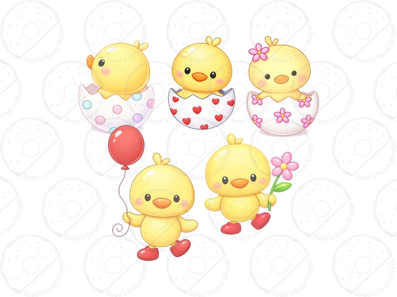 Puede incluir: Seis pollitos de dibujos animados en varias poses. Algunos est&aacute;n saliendo de huevos decorados con lunares, corazones y flores. Otros sostienen un globo rojo y una flor rosa. Los pollitos son amarillos con picos naranjas y zapatos rojos.