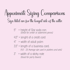 May include: A light pink informational chart titled Approximate Sizing Comparisons. It lists cutter sizes in inches: 5" equals a 12oz soda can, 4.5" equals a credit card, 4" equals an adult palm, 3.5" equals a business card, and 3" equals a sticky note.