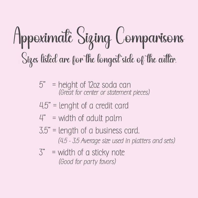 May include: A light pink informational chart titled Approximate Sizing Comparisons. It lists cutter sizes in inches: 5" equals a 12oz soda can, 4.5" equals a credit card, 4" equals an adult palm, 3.5" equals a business card, and 3" equals a sticky note.