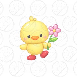 Puede incluir: Un pollito de dibujos animados alegre con plumas amarillas, un pico naranja y zapatos rojos. El pollito sostiene una flor rosa con un tallo y hojas verdes. La imagen tiene un fondo blanco con un patr&oacute;n repetido de rosquillas.