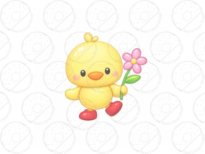 Puede incluir: Un pollito de dibujos animados alegre con plumas amarillas, un pico naranja y zapatos rojos. El pollito sostiene una flor rosa con un tallo y hojas verdes. La imagen tiene un fondo blanco con un patr&oacute;n repetido de rosquillas.
