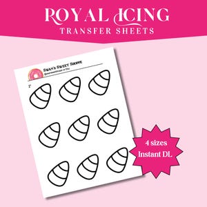Puede incluir: Una hoja de transferencia para glaseado real blanca con contornos negros de formas de maíz dulce. El texto dice ROYAL ICING TRANSFER SHEETS, SWAN'S SWEET SHOPPE, 2, y 4 sizes Instant DL. La hoja incluye nueve plantillas de maíz dulce.