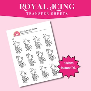 May include: A sheet of royal icing transfer sheets featuring a repeating pattern of a cartoon character in a striped shirt. The sheet is labeled "Swan's Sweet Shoppe" and "2.5 inches". The image also includes the text "4 sizes Instant DL".