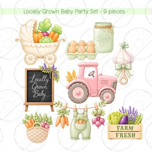 May include: A collection of nine illustrations with a baby theme. Includes a baby carriage filled with vegetables, a jar labeled "Baby", a pink tractor, a chalkboard sign with "Locally Grown Baby", and a wooden crate with "Farm Fresh".
