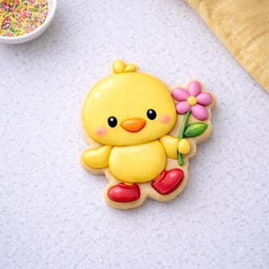 Puede incluir: Una galleta con forma de pollito amarillo sosteniendo una flor rosa. El pollito tiene ojos negros, pico naranja y zapatos rojos. La galleta est&aacute; decorada y sobre una superficie blanca. Un cuenco con fideos de colores est&aacute; en el fondo.