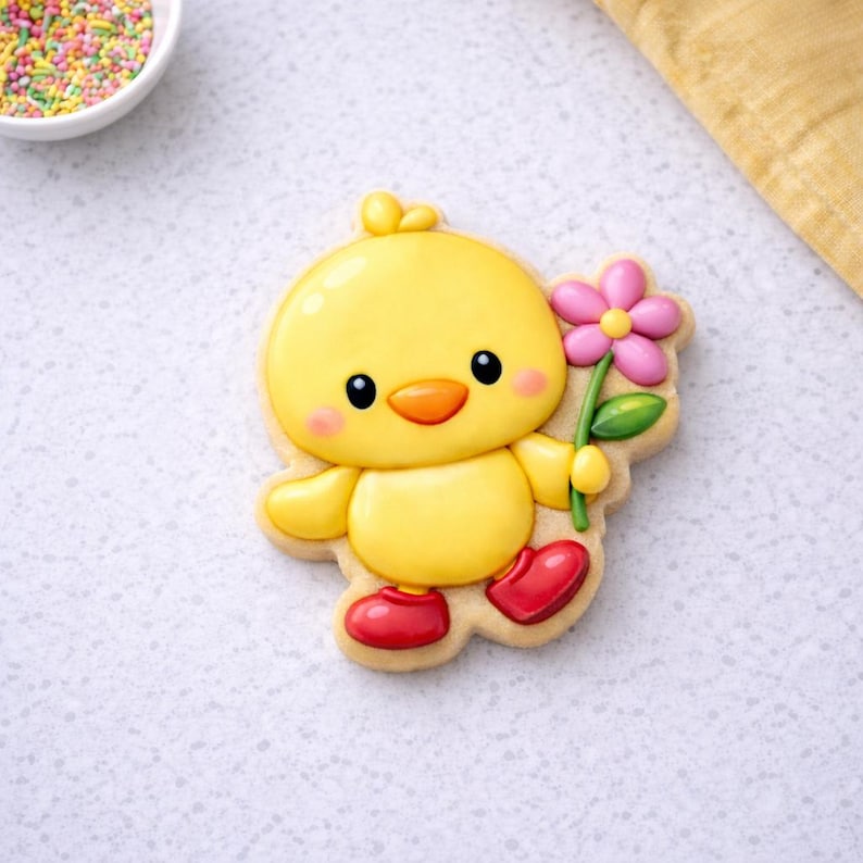 Puede incluir: Una galleta con forma de pollito amarillo sosteniendo una flor rosa. El pollito tiene ojos negros, pico naranja y zapatos rojos. La galleta est&aacute; decorada y sobre una superficie blanca. Un cuenco con fideos de colores est&aacute; en el fondo.