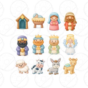 Op de afbeelding: Waterverfillustraties van een kerststal, waaronder de Heilige Familie, de Drie Wijzen, een engel en diverse dieren. De figuren zijn afgebeeld in een schattige, cartoonachtige stijl met zachte kleuren.