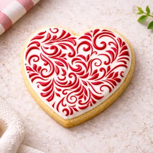 May include: A heart-shaped sugar cookie with a white icing base, decorated with a red, ornate, swirling design. The cookie has a golden-brown edge and sits on a light-colored surface. A folded pink and white striped cloth is in the background.