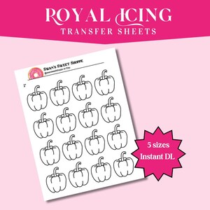 May include: A sheet of white paper with black line drawings of pumpkins, labeled "Royal Icing Transfer Sheets." The text "Swan's Sweet Shoppe" and "5 sizes Instant DL" are also visible. The pumpkins are approximately 2 inches in size.
