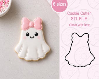 May include: A white ghost-shaped cookie with a pink bow, black eyes, and a smile. Next to it is a black outline of the same shape with text reading 6 sizes, Cookie Cutter STL FILE, Ghost with Bow, and Digital file only - No physical cutter included.