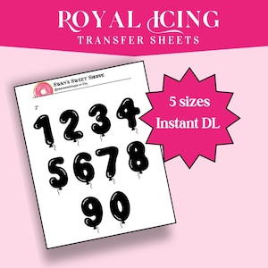 Ballonnummers royal icing transfervellen || aantal glazuuroverdrachten || Leidingen oefenen || glazuurtransfers ballonlettertype || Lettertypesjabloon