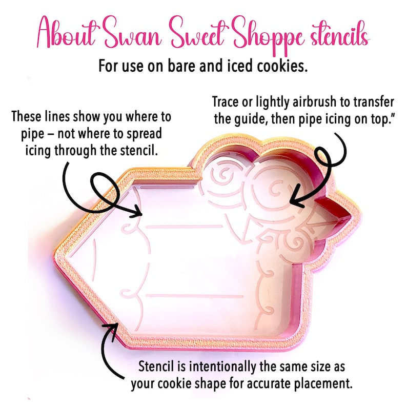 May include: A pink and orange cookie stencil with a pencil shape and floral design. Text reads: About Swan Sweet Shoppe stencils, For use on bare and iced cookies. These lines show you where to pipe, Trace or lightly airbrush to transfer the guide, then pipe icing on top, Stencil is intentionally the same size as your cookie shape for accurate placement.