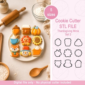 Könnte beinhalten: Eine digitale Datei für 5 Größen von Thanksgiving-Mini-Ausstechformen. Das Bild zeigt neun dekorierte Kekse in Form von Eichel, Kaffeebecher, Kürbis, Fuchs, Truthahn, Sonnenblume, Vogelscheuche und Tortenstück sowie deren schwarze Umrisse.