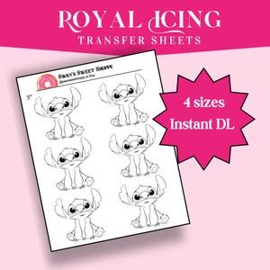 May include: A sheet of royal icing transfer sheets featuring a cartoon character in a sitting pose. The sheet includes the text "Swan's Sweet Shoppe" and "4 sizes Instant DL". The background is pink.