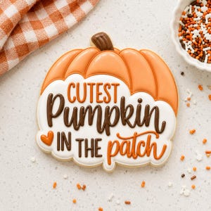 May include: A pumpkin-shaped sugar cookie with orange icing on the top and white icing on the bottom. The text "CUTEST Pumpkin IN THE patch" is written in brown and orange icing, accompanied by a small orange heart icon on the left side.