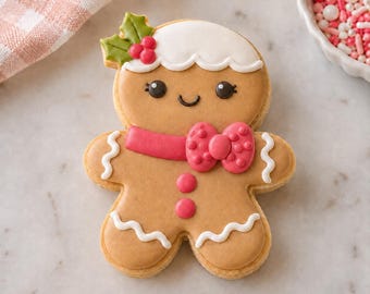 May include: A gingerbread cookie shaped like a person, decorated with white icing on the head and limbs, a pink bow, two pink buttons, and a green holly sprig with red berries. The cookie has black eyes and a small smile drawn in icing.