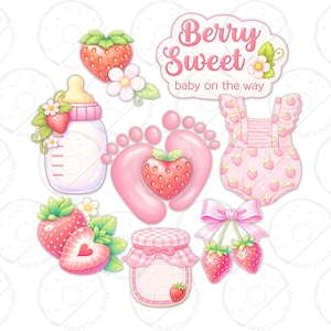 May include: A collection of pink and red strawberry-themed baby shower graphics. Includes a baby bottle, baby footprints, a onesie, a jar of jam, and strawberries. The text "Berry Sweet baby on the way" is also present.