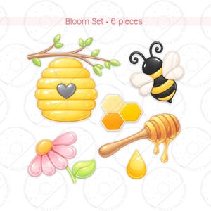 May include: A six-piece set of illustrations titled Bloom Set, featuring a yellow beehive with a heart, a bee, a honeycomb cluster, a wooden honey dipper with dripping honey, a pink flower with green leaves, and a single yellow honey droplet.
