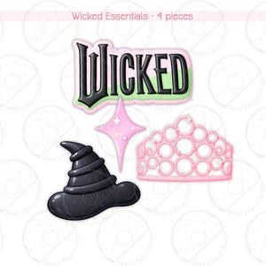 Peut inclure: Ensemble de quatre éléments essentiels Wicked, comprenant un texte "Wicked" noir et vert, une étoile rose, un chapeau de sorcière noir et un diadème rose. Les éléments de style dessin animé sont sur fond blanc.