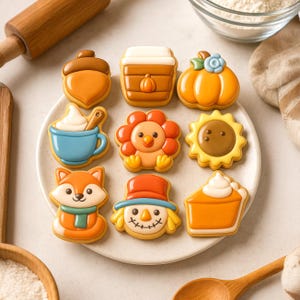 Könnte beinhalten: Ein Teller mit dekorierten Keksen zum Thema Herbst. Designs umfassen eine Eichel, einen Pumpkin Spice Latte, einen Kürbis, eine Sonnenblume, einen Fuchs, eine Vogelscheuche und einen Kürbiskuchen. Die Kekse sind orange, braun, gelb und blau.