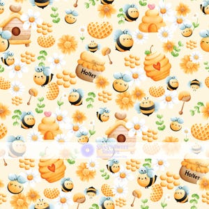 May include: A seamless pattern featuring cute cartoon bees, honeycombs, and flowers on a light yellow background. The pattern includes honey jars labeled "Honey", beehives, and honeycomb designs.
