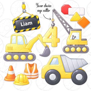 May include: A collection of construction-themed illustrations, including a yellow excavator, crane, and dump truck. Also included are a hard hat, safety vest, and traffic cone. A sign with the name "Liam" is suspended from a crane.