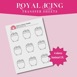 Puede incluir: Una hoja de transferencia digital blanca para glaseado real con nueve ilustraciones de líneas negras de calderos con burbujas. El texto dice Royal Icing Transfer Sheets, Swan's Sweet Shoppe, 2 inches, 4 sizes e Instant DL.