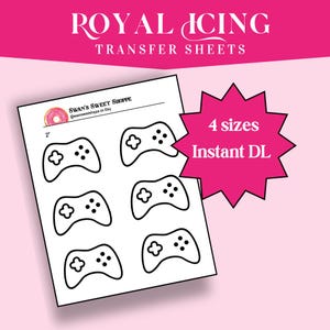 Może przedstawiać: Drukowalny plik do pobrania cyfrowego sześciu czarno-białych obrazów kontrolera do gier w czterech rozmiarach do arkuszy transferowych do lukru królewskiego. Obrazy znajdują się na białym tle. Tekst "4 rozmiary Natychmiastowe pobranie" znajduje się w różowej rozgwieżdżonej ramce.