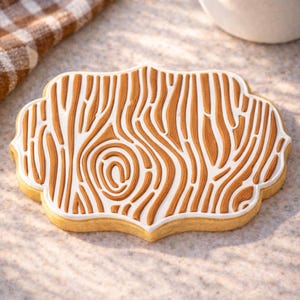 May include: A decorative cookie with a wood grain design. The cookie has a light brown base with a white and brown wood grain pattern. The cookie is shaped like a decorative plaque with a white border.