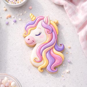 May include: A unicorn-shaped cookie with a white face, closed eyes, and a pink nose and cheeks. The mane is a mix of pink, purple, and yellow icing. The cookie is decorated with star-shaped sprinkles and sits on a white surface.