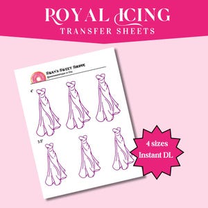 May include: A sheet of royal icing transfer sheets featuring purple dress designs in various sizes. The sheet includes the text "Swan's Sweet Shoppe" and "4 sizes Instant DL". The background is pink.