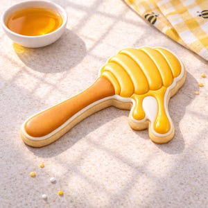 May include: A honey dipper-shaped cookie with yellow icing and a white border. The cookie has a light brown handle and a dripping honey design. A small white bowl of honey and a yellow and white checkered cloth are in the background.