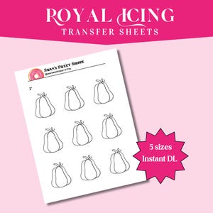 Puede incluir: Una hoja de transferencia de glaseado real blanca con una cuadrícula de nueve dibujos de contorno negro de calabazas. El texto del encabezado dice ROYAL ICING TRANSFER SHEETS y SWAN'S SWEET SHOPPE. Una estrella rosa incluye el texto 5 sizes Instant DL.