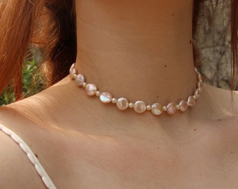 Eve || Freshwater Pearl Peach Coin Beaded Necklace, Handmade