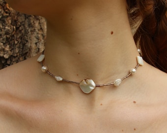 Mother || Freshwater Pearl, Mother of Pearl Beaded Necklace, Handmade