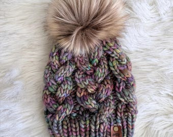 Hand Knit Merino Wool Beanie: Chunky Cable Knit with Faux Fur Pom